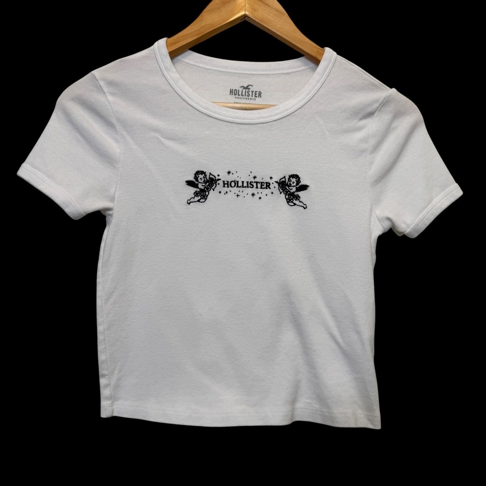 Hollister Womens T-Shirt XS White Y2K Cherub Embroidery Graphic Baby Tee Angel